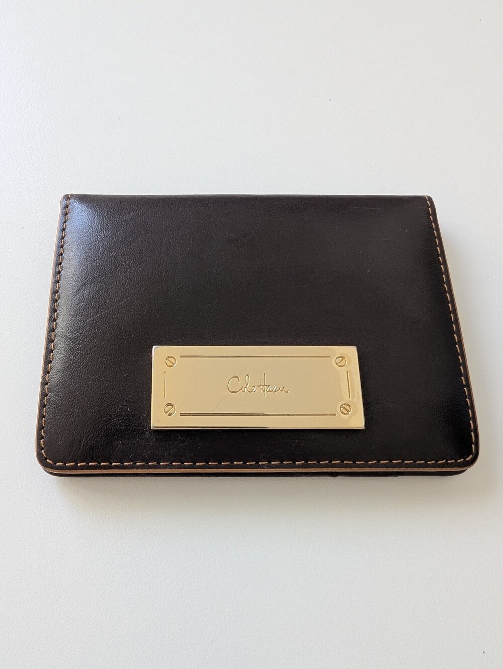 Cole Haan Dark Brown Leather Bifold Card Case ID Wallet Gold Hardware